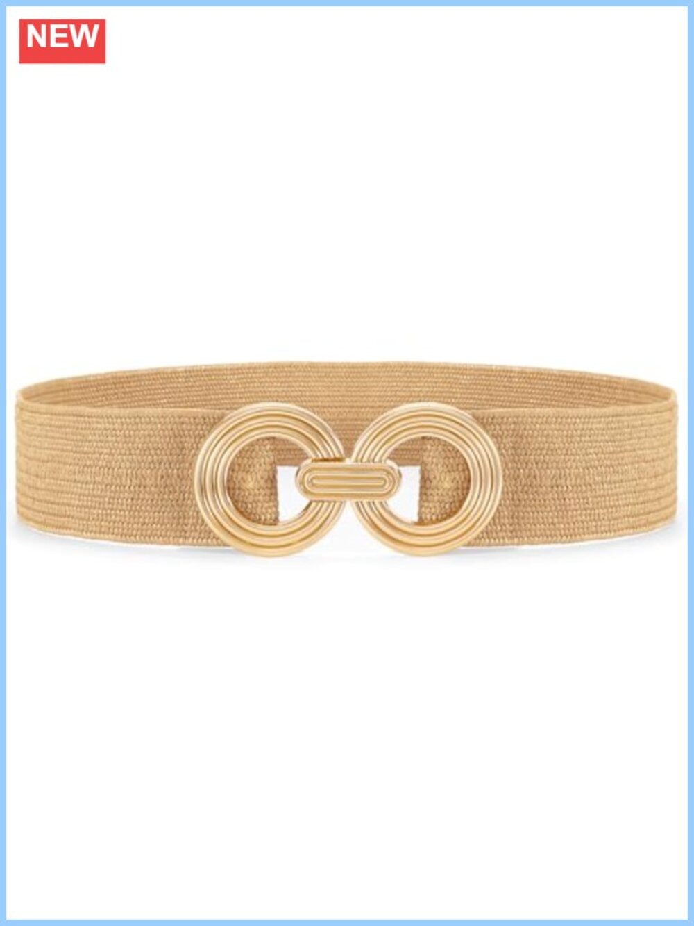 Straw Woven Wide Elastic Belt with Gold Buckle Stretch Boho Dress Belt